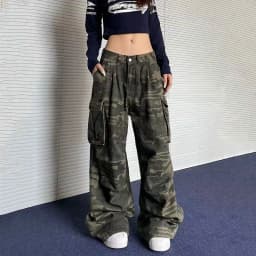 Y2K American Retro Camo Cargo Pants Female High Waist Oversized Pockets Wide Leg Pants Bf Hip Hop Streetwear Straight Trousers