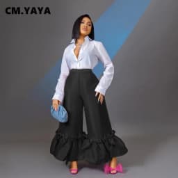 CM.YAYA Women Elegant Ruffles Hem High Waist Loose Wide Leg Flare Pants 2022 Summer Rose Red Black INS Trousers