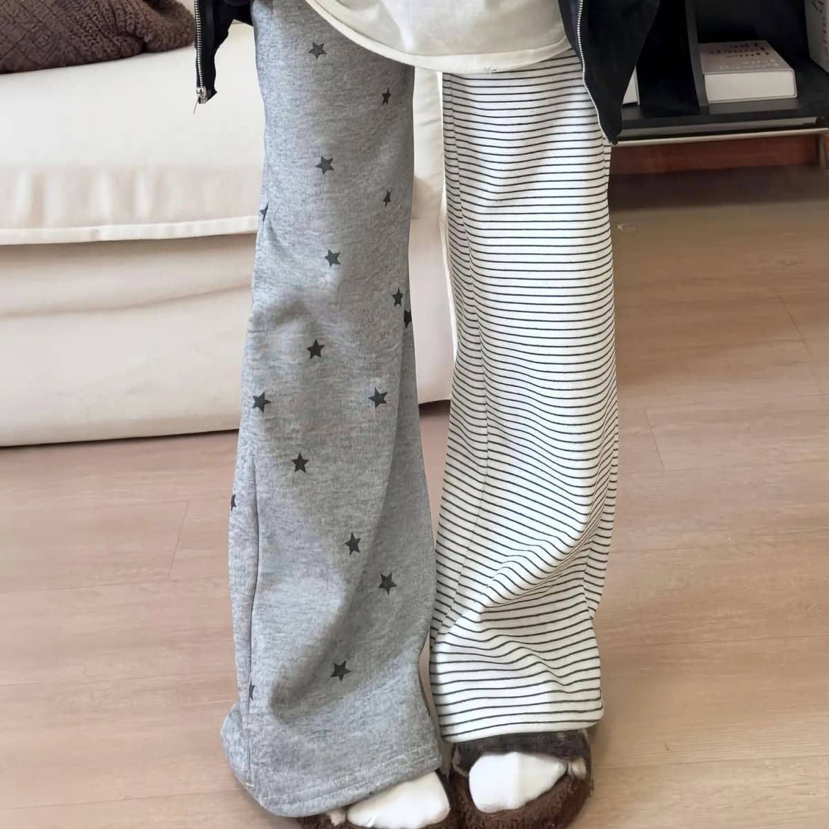 Casual Star Spliced Striped Wide Leg Pants Straight Cut Spring Autumn New Style for Girls Personality Design Long Trousers