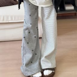 Casual Star Spliced Striped Wide Leg Pants Straight Cut Spring Autumn New Style for Girls Personality Design Long Trousers