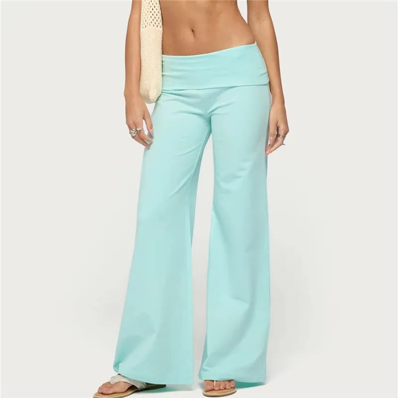 Coquette Solid Color Fold Over Waist Flare Pants Women Low Rise Stretchy Bootcut Long Trousers Casual Minimal Lounge Pants