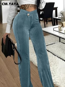 CM.YAYA Women Streetwear Corduroy Zipper Fly V-low Waist Straight Wide Leg Trousers 2023 Autumn Winter Fashion Pants