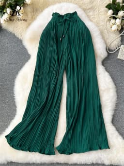 SINGREINY Bandage Basics Casual Pants Women Summer Oversize Draped Wide Legs Pants High Waist Solid Long Pleated Trousers