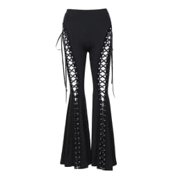 Goth Dark Grunge Streetwear Black Bandage Trousers Cyber Gothic Punk Hollow Out Flare Pants Women Emo High Waist Sexy Alt Bottom