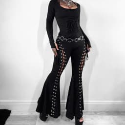 Goth Dark Grunge Streetwear Black Bandage Trousers Cyber Gothic Punk Hollow Out Flare Pants Women Emo High Waist Sexy Alt Bottom