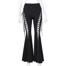 Goth Dark Grunge Streetwear Black Bandage Trousers Cyber Gothic Punk Hollow Out Flare Pants Women Emo High Waist Sexy Alt Bottom