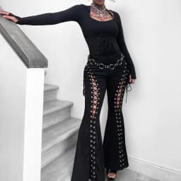 Goth Dark Grunge Streetwear Black Bandage Trousers Cyber Gothic Punk Hollow Out Flare Pants Women Emo High Waist Sexy Alt Bottom