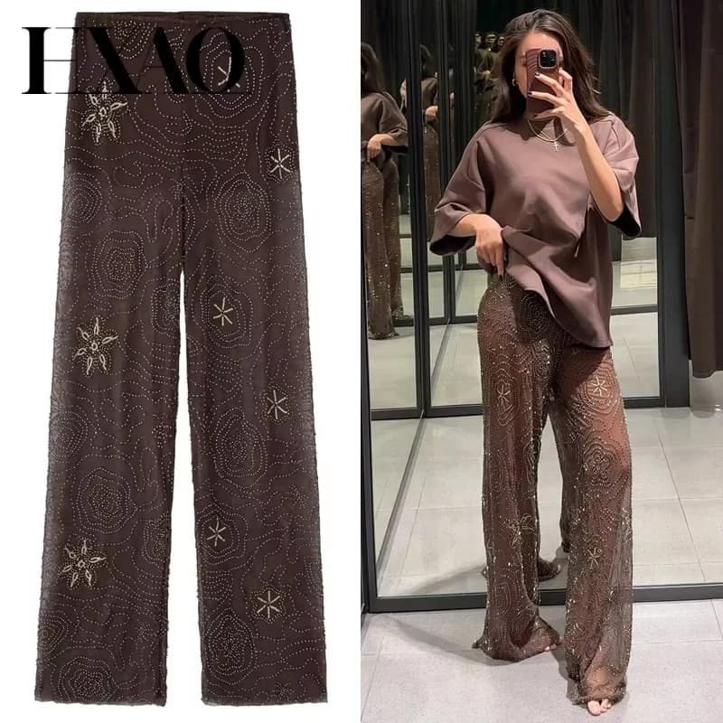 HXAO Women's Brown Sequins Pants Spring Summer 2025 Elegant Beading Semi-Sheer Trousers Chic Slacks High Waist Long Pants Woman