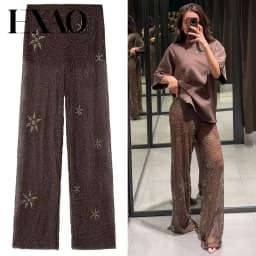 HXAO Women's Brown Sequins Pants Spring Summer 2025 Elegant Beading Semi-Sheer Trousers Chic Slacks High Waist Long Pants Woman