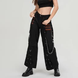 Women Cargo Jeans Striped Zipper Button Closure Loose Casual Trousers Streetwear with Pockets Gothic Wide Leg Pants