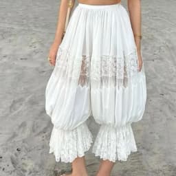 Vintage Women's Long Lace Bloomers Casual Loose Fit Stylish Solid Lace Floral Drawstring Mid Rise Crop Pants