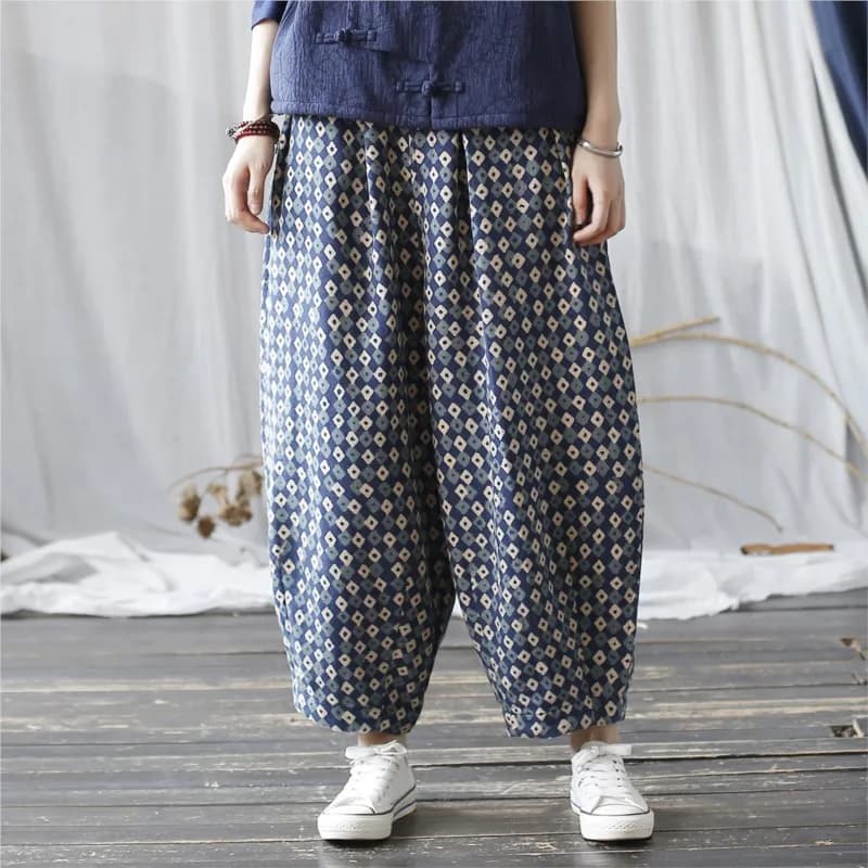 Johnature Niche Loose Retro Chinese Style Vintage Bloomers 2025 Woman Winter New Fashion Personality Vintage Print Casual Pants
