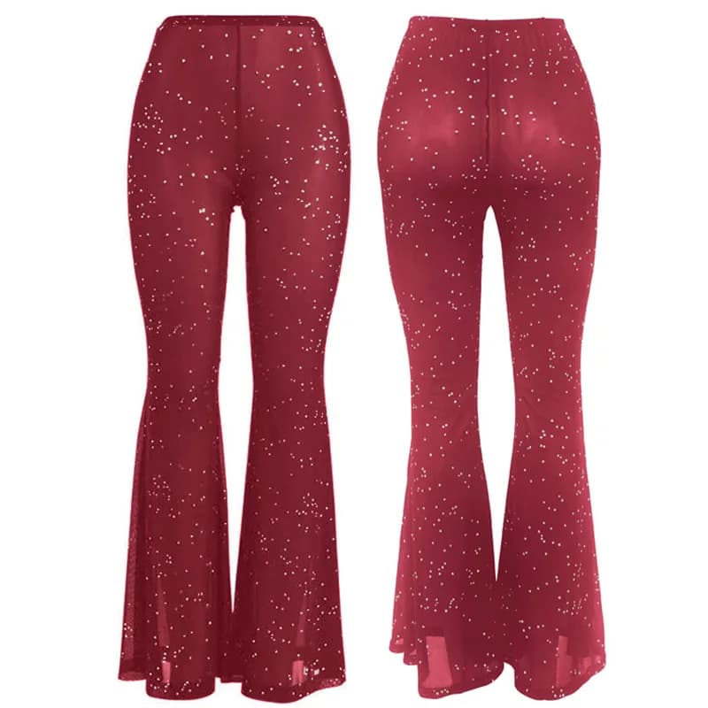 2024 Summer Wine Red Transparent Wide Leg Pants Y2K Trousers Sexy High Waist Women New Fashion Flash Diamond Trousers Streetwear