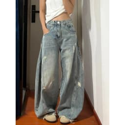2026 Korean Style Fashion American Vintage Denim Pants Women High Waist Irregular Jeans Trouser Loose Wide Leg Trousers Retro