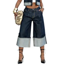 Yeezzi Women's High Waist Wide Leg Rolled Cuffs Cropped Jeans 2026 New Fashion Casual Streetwear Denim Capris Pants Bottoms