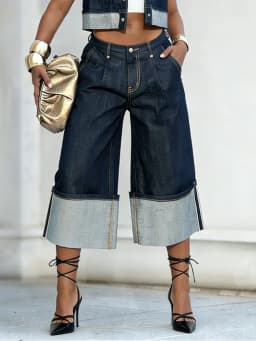 Yeezzi Women's High Waist Wide Leg Rolled Cuffs Cropped Jeans 2026 New Fashion Casual Streetwear Denim Capris Pants Bottoms