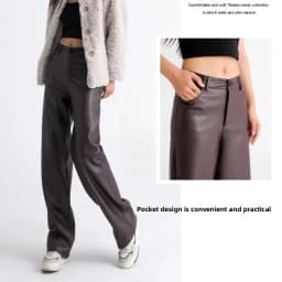 2025 Trendy Fall Winter Fleece Loose Wide Leg Warm Leather Pants Women Button Pocket High Waist Thick PU Casual Straight Pants