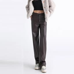 2025 Trendy Fall Winter Fleece Loose Wide Leg Warm Leather Pants Women Button Pocket High Waist Thick PU Casual Straight Pants