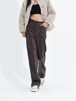 2025 Trendy Fall Winter Fleece Loose Wide Leg Warm Leather Pants Women Button Pocket High Waist Thick PU Casual Straight Pants