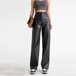 2025 Trendy Fall Winter Fleece Loose Wide Leg Warm Leather Pants Women Button Pocket High Waist Thick PU Casual Straight Pants