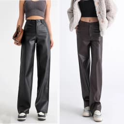 2025 Trendy Fall Winter Fleece Loose Wide Leg Warm Leather Pants Women Button Pocket High Waist Thick PU Casual Straight Pants