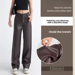 2025 Trendy Fall Winter Fleece Loose Wide Leg Warm Leather Pants Women Button Pocket High Waist Thick PU Casual Straight Pants