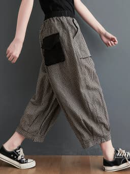 Retro Cotton Linen Plaid Wide Leg Pants Women Summer Casual Seven-Foot Loose plus Size Fat MM Match Lantern Pants