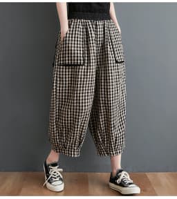 Retro Cotton Linen Plaid Wide Leg Pants Women Summer Casual Seven-Foot Loose plus Size Fat MM Match Lantern Pants