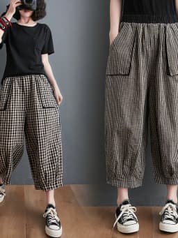 Retro Cotton Linen Plaid Wide Leg Pants Women Summer Casual Seven-Foot Loose plus Size Fat MM Match Lantern Pants