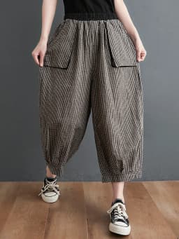 Retro Cotton Linen Plaid Wide Leg Pants Women Summer Casual Seven-Foot Loose plus Size Fat MM Match Lantern Pants