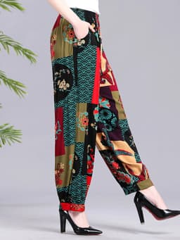 High Waist Lantern Pants Casual Cotton Silk Large Size Printed Long Trousers for Middle-Aged And Elderly Women