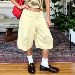 Women Drawstring Waist Knit Culottes Shorts Hollow Out Eyelet Floral Loose Wide Leg Mid Calf Capri Pants Y2k Loungewear Bottoms