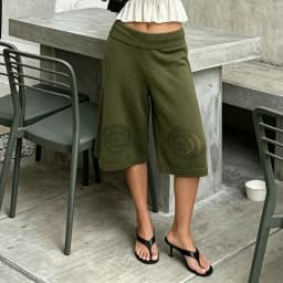 Women Drawstring Waist Knit Culottes Shorts Hollow Out Eyelet Floral Loose Wide Leg Mid Calf Capri Pants Y2k Loungewear Bottoms