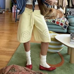 Women Drawstring Waist Knit Culottes Shorts Hollow Out Eyelet Floral Loose Wide Leg Mid Calf Capri Pants Y2k Loungewear Bottoms