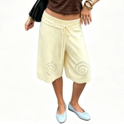 Women Drawstring Waist Knit Culottes Shorts Hollow Out Eyelet Floral Loose Wide Leg Mid Calf Capri Pants Y2k Loungewear Bottoms