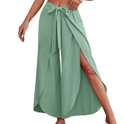 Boho Women High Waisted Palazzo Pants Summer Beach Pants Solid Flowy Trousers Split Lace Up Wide Leg Pants Pantalones De Mujer