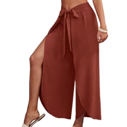 Boho Women High Waisted Palazzo Pants Summer Beach Pants Solid Flowy Trousers Split Lace Up Wide Leg Pants Pantalones De Mujer