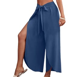 Boho Women High Waisted Palazzo Pants Summer Beach Pants Solid Flowy Trousers Split Lace Up Wide Leg Pants Pantalones De Mujer