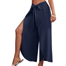 Boho Women High Waisted Palazzo Pants Summer Beach Pants Solid Flowy Trousers Split Lace Up Wide Leg Pants Pantalones De Mujer