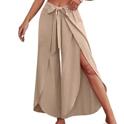 Boho Women High Waisted Palazzo Pants Summer Beach Pants Solid Flowy Trousers Split Lace Up Wide Leg Pants Pantalones De Mujer