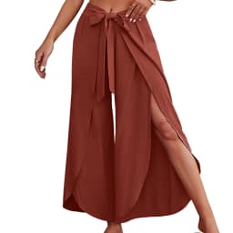 Boho Women High Waisted Palazzo Pants Summer Beach Pants Solid Flowy Trousers Split Lace Up Wide Leg Pants Pantalones De Mujer