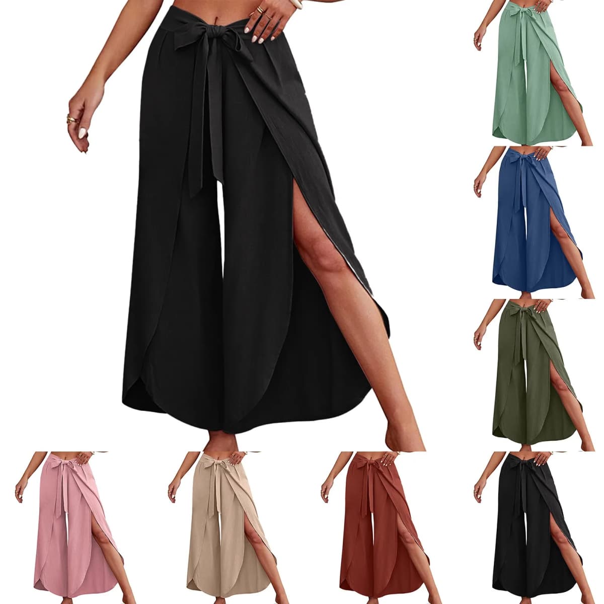 Boho Women High Waisted Palazzo Pants Summer Beach Pants Solid Flowy Trousers Split Lace Up Wide Leg Pants Pantalones De Mujer