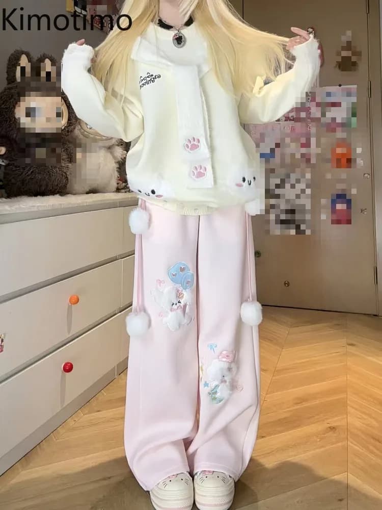 Kimotimo Japanese Cute Puppy Embroidery Lace Spliced Long Pants Women 2025 Autumn Winter Casual Loose Versatile Y2k Streetwear