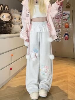 Kimotimo Japanese Cute Puppy Embroidery Lace Spliced Long Pants Women 2025 Autumn Winter Casual Loose Versatile Y2k Streetwear