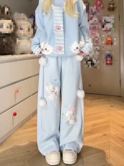 Kimotimo Japanese Cute Puppy Embroidery Lace Spliced Long Pants Women 2025 Autumn Winter Casual Loose Versatile Y2k Streetwear