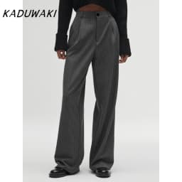 KADUWAKI Women's Fashion High Waist Striped Straight Leg Pants Vintage Zipper Loose Solid Color Pants Office Casual Women's Pant