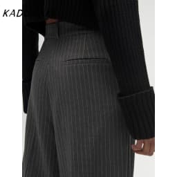 KADUWAKI Women's Fashion High Waist Striped Straight Leg Pants Vintage Zipper Loose Solid Color Pants Office Casual Women's Pant