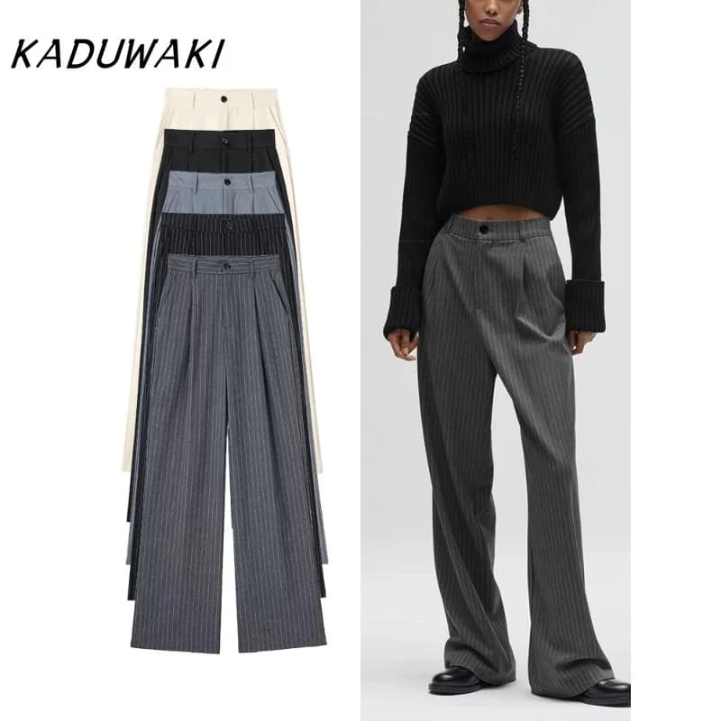 KADUWAKI Women's Fashion High Waist Striped Straight Leg Pants Vintage Zipper Loose Solid Color Pants Office Casual Women's Pant