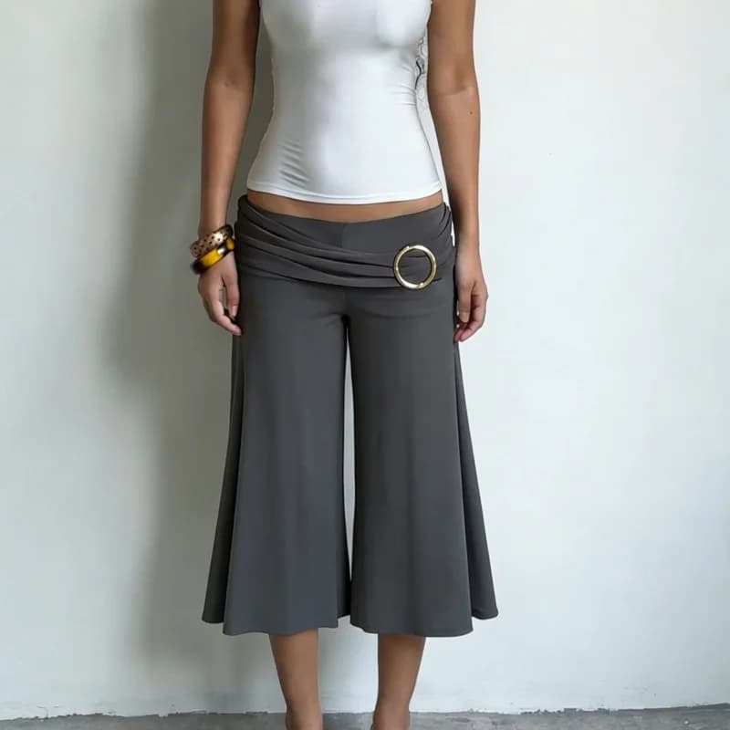 Y2k Metal Rings Capri Pants Shorts Ruched Mid Rise Sexy Bodycon Clubwear Party Summer Streetwear Casual Wide Leg Pants