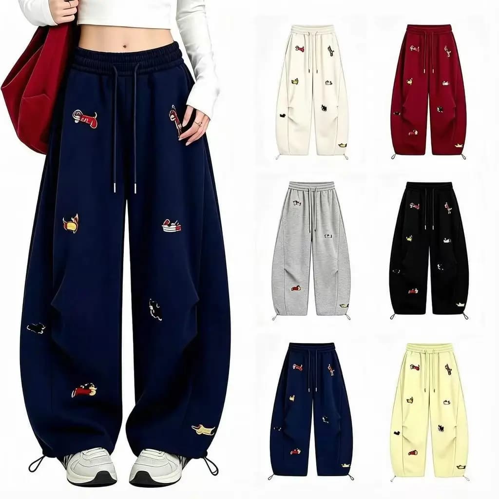 Unisex Men Women Western Style Straight Leg Trousers Cute Dog Embroidery Loose Wide Leg Soft Breathable Spring Autumn Daily Hip